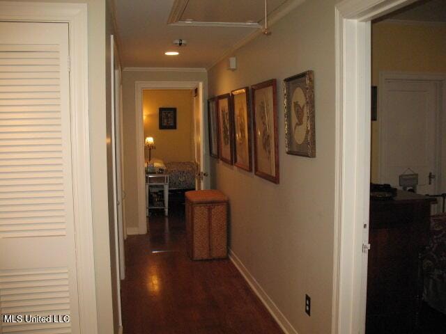 corridor featuring crown molding and dark hardwood / wood-style floors