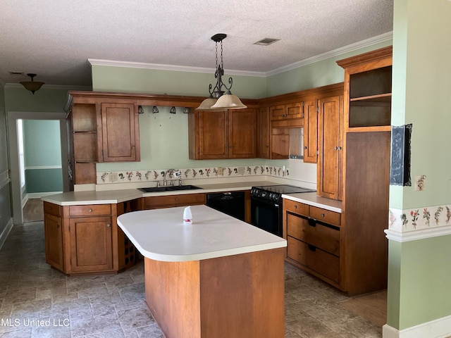 kitchen featuring pendant lighting, a center island, black appliances, sink, and a textured ceiling