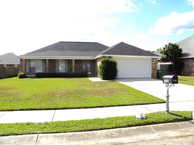 ranch-style home with a garage and a front lawn