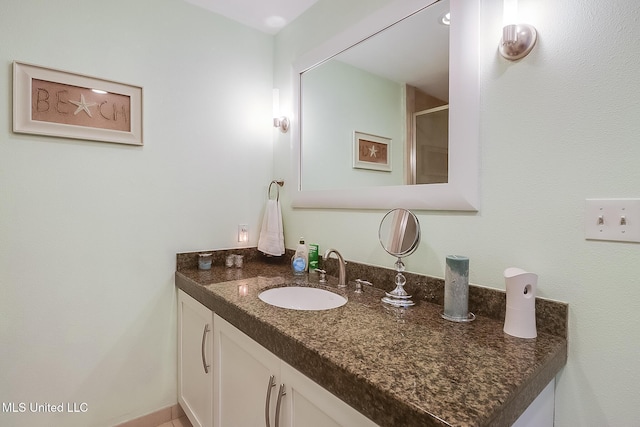 bathroom with a shower with door and vanity