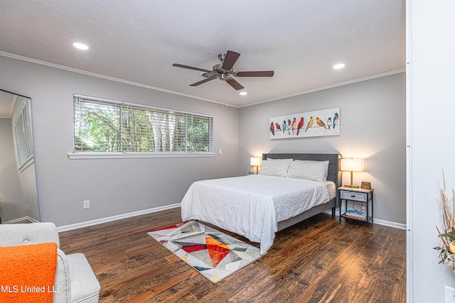 bedroom featuring ornamental molding, recessed lighting, baseboards, and wood finished floors