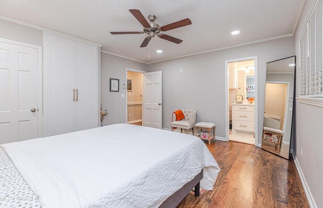 bedroom with baseboards, recessed lighting, wood finished floors, and crown molding