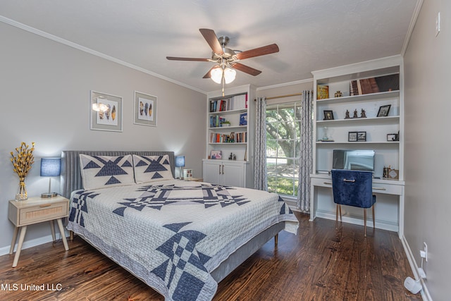 bedroom featuring ceiling fan, crown molding, baseboards, and wood finished floors