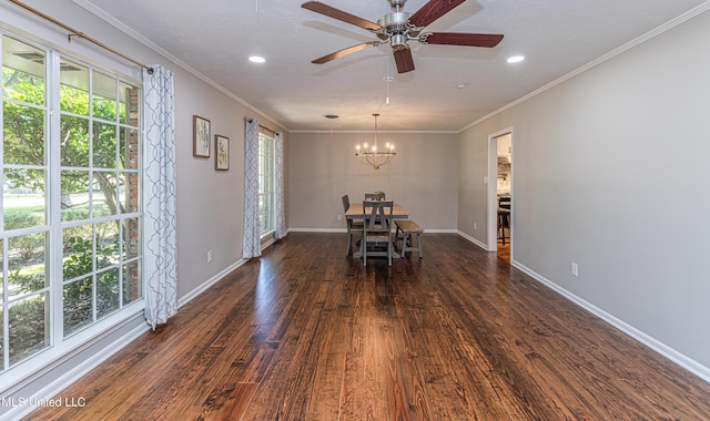 unfurnished dining area with ornamental molding, dark wood-style flooring, and a healthy amount of sunlight