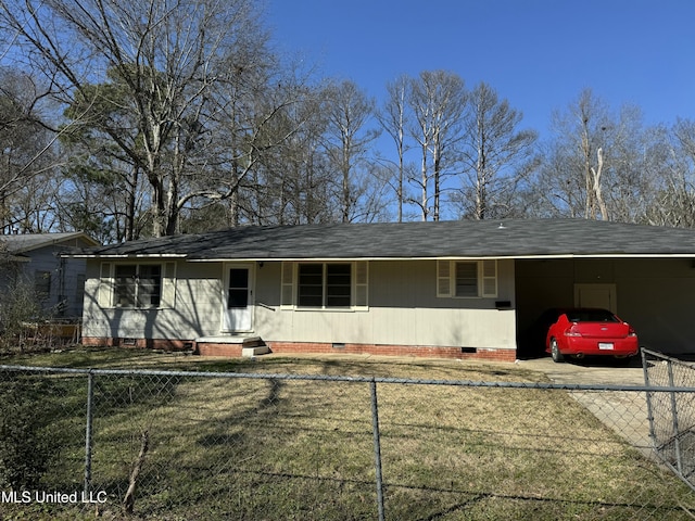 ranch-style house with a carport and a front yard