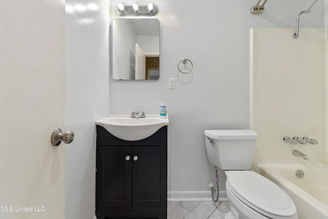 full bathroom with bathing tub / shower combination, tile patterned floors, vanity, and toilet