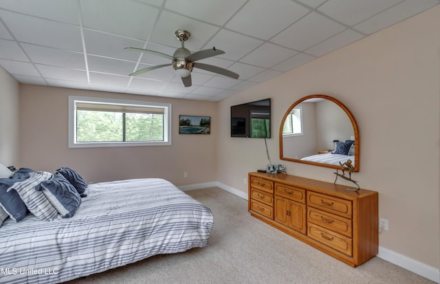 carpeted bedroom with multiple windows, a paneled ceiling, and ceiling fan