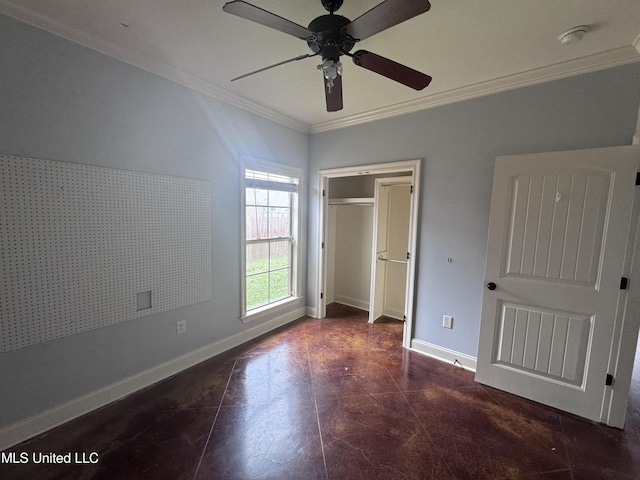 515 Belle Oak Pl, Brandon, MS 39042 - unfurnished bedroom with crown molding, baseboards, ceiling fan, a closet, and tile patterned floors