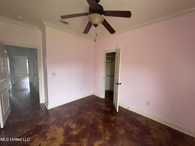515 Belle Oak Pl, Brandon, MS 39042 - unfurnished bedroom with ornamental molding, baseboards, and a ceiling fan