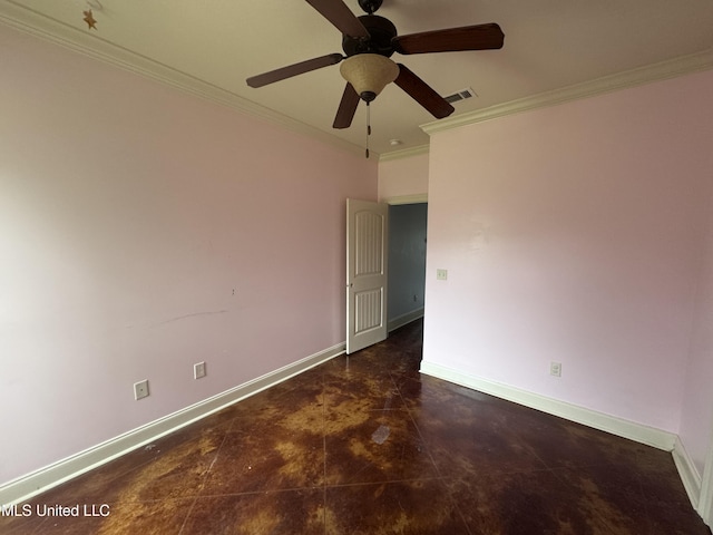 515 Belle Oak Pl, Brandon, MS 39042 - spare room with crown molding, concrete floors, baseboards, and a ceiling fan