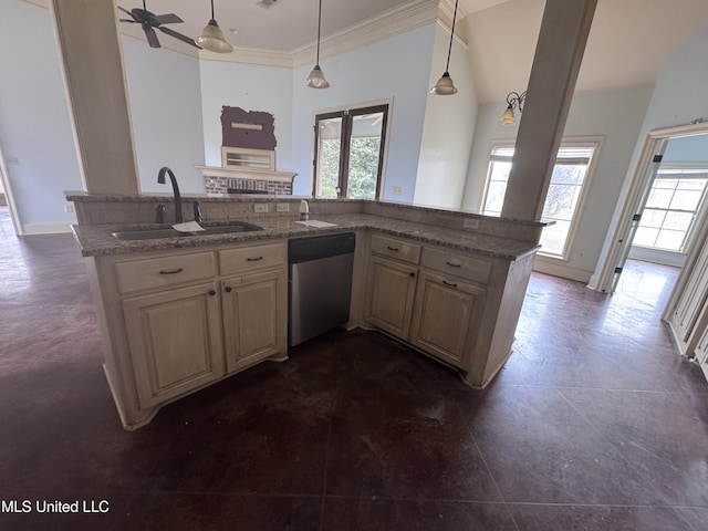 515 Belle Oak Pl, Brandon, MS 39042 - kitchen featuring dishwasher, a sink, plenty of natural light, crown molding, and pendant lighting