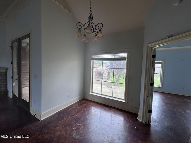 515 Belle Oak Pl, Brandon, MS 39042 - unfurnished dining area featuring baseboards, a chandelier, and vaulted ceiling