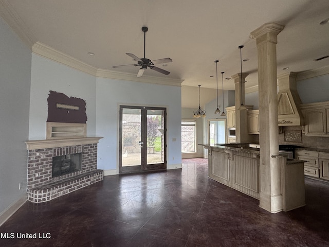 515 Belle Oak Pl, Brandon, MS 39042 - unfurnished living room with ornamental molding, ceiling fan, baseboards, a fireplace, and french doors