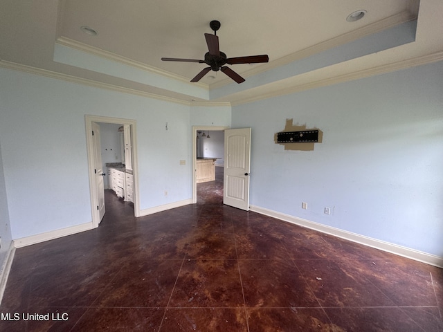 515 Belle Oak Pl, Brandon, MS 39042 - unfurnished bedroom with a tray ceiling, ornamental molding, baseboards, and ceiling fan