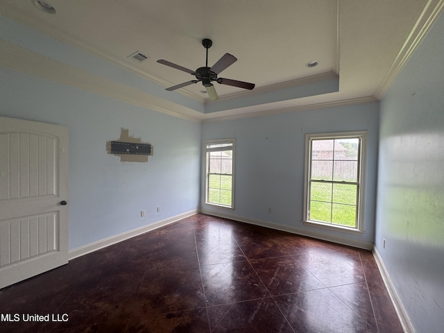 515 Belle Oak Pl, Brandon, MS 39042 - spare room featuring ornamental molding, a raised ceiling, a ceiling fan, and baseboards