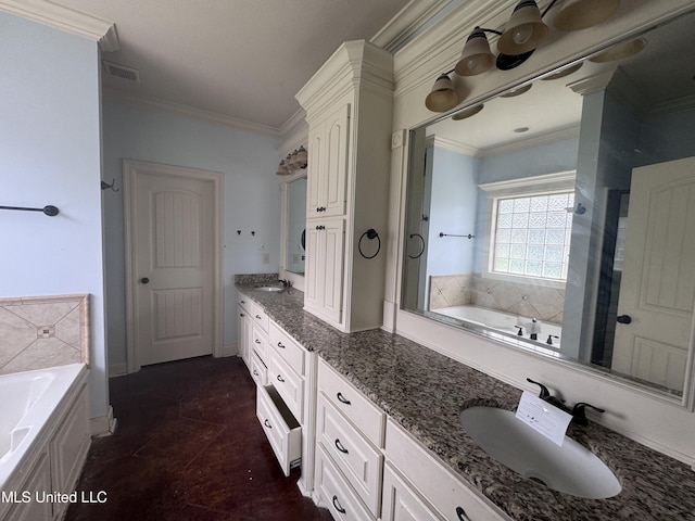 515 Belle Oak Pl, Brandon, MS 39042 - bathroom with a bath, vanity, crown molding, and a shower