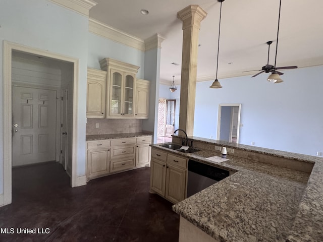 515 Belle Oak Pl, Brandon, MS 39042 - kitchen with cream cabinetry, a sink, dishwasher, crown molding, and light stone counters