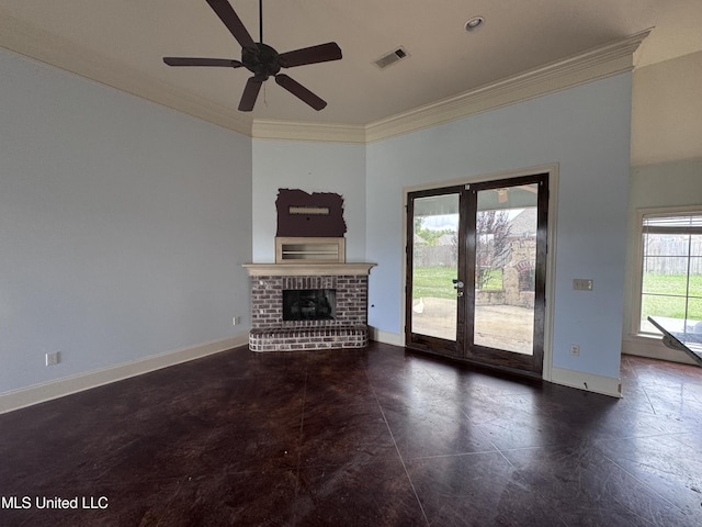 515 Belle Oak Pl, Brandon, MS 39042 - unfurnished living room with ornamental molding, a brick fireplace, a ceiling fan, and baseboards