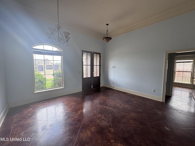515 Belle Oak Pl, Brandon, MS 39042 - unfurnished dining area with french doors, plenty of natural light, ornamental molding, and baseboards