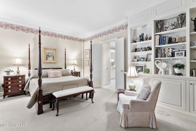 bedroom with light carpet and crown molding