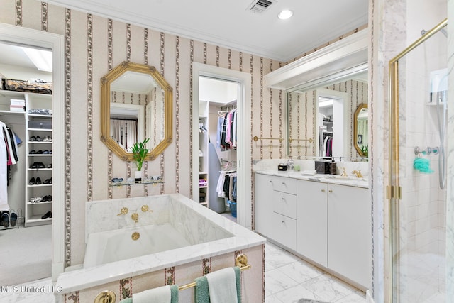 bathroom with vanity, crown molding, and plus walk in shower