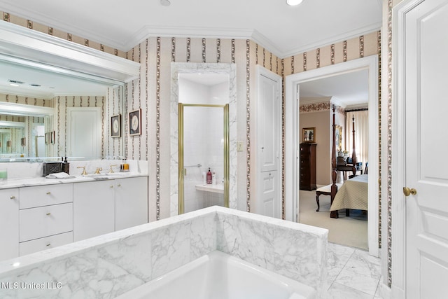 bathroom with vanity, independent shower and bath, and ornamental molding