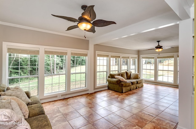 1597 Old Lake Rd, Brandon, MS 39042 - tiled living room with a ceiling fan, plenty of natural light, and crown molding