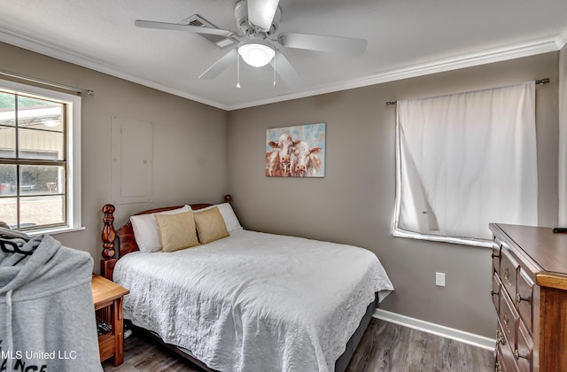 1597 Old Lake Rd, Brandon, MS 39042 - bedroom with dark wood-type flooring, multiple windows, crown molding, baseboards, and ceiling fan