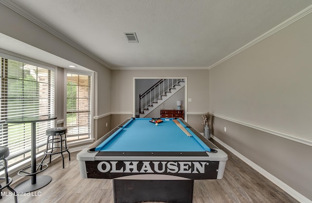 1597 Old Lake Rd, Brandon, MS 39042 - recreation room with wood finished floors, crown molding, baseboards, billiards, and a textured ceiling