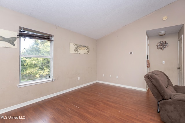 sitting room featuring lofted ceiling, a textured ceiling, and hardwood / wood-style flooring