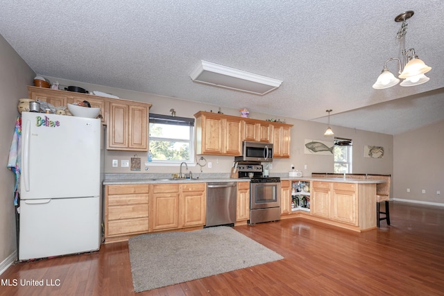 kitchen featuring light brown cabinets, stainless steel appliances, a textured ceiling, dark wood-style flooring, and a peninsula