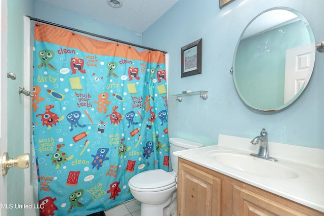 bathroom featuring toilet, tile patterned flooring, vanity, a textured ceiling, and walk in shower