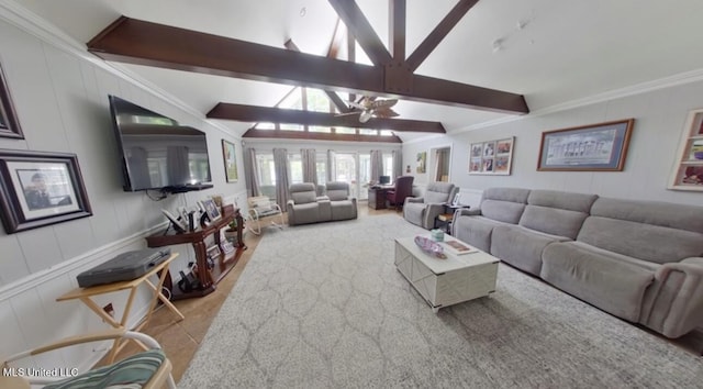 269 Weecama Dr, Ferriday, LA 71334 - tiled living area featuring lofted ceiling with beams, ornamental molding, ceiling fan, and a decorative wall
