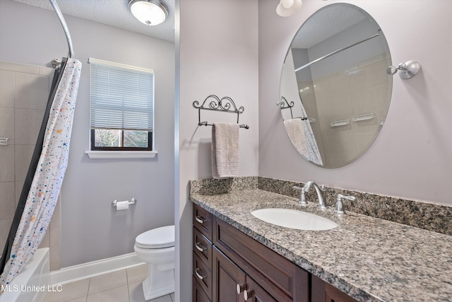 full bathroom featuring vanity, tile patterned flooring, toilet, a textured ceiling, and shower / tub combo