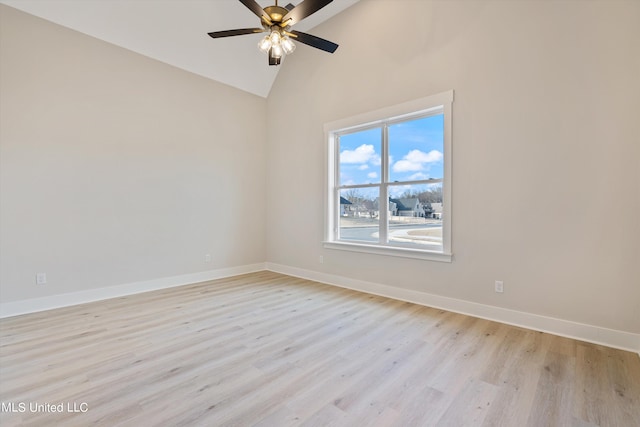 unfurnished room featuring light hardwood / wood-style flooring, high vaulted ceiling, and ceiling fan