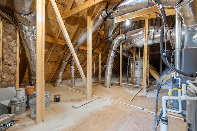 unfinished attic featuring water heater