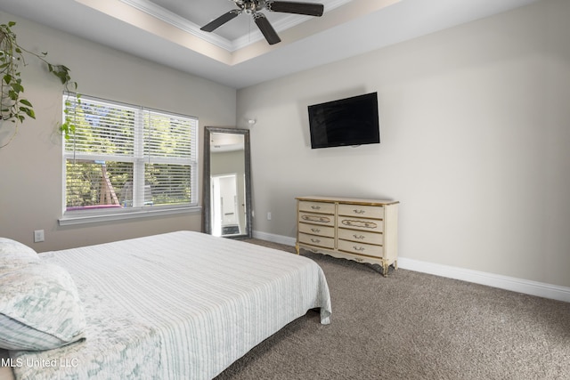 bedroom featuring ceiling fan, carpet floors, baseboards, a raised ceiling, and ornamental molding