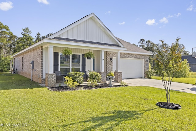 view of front facade featuring board and batten siding, brick siding, concrete driveway, and a front lawn