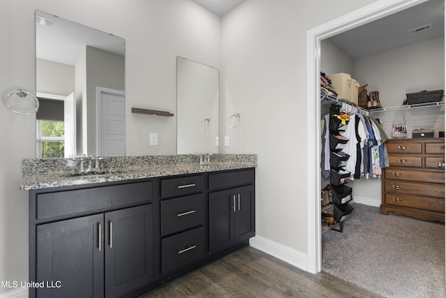 full bath with visible vents, double vanity, baseboards, a walk in closet, and a sink