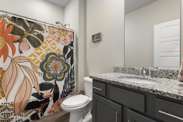 full bathroom featuring vanity, toilet, and curtained shower