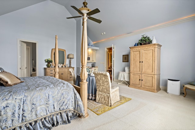 bedroom with light carpet, high vaulted ceiling, and ceiling fan