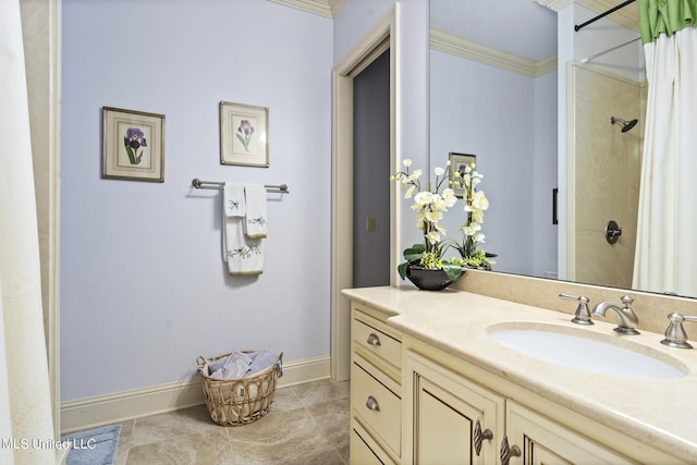 bathroom with vanity, ornamental molding, and a shower with curtain