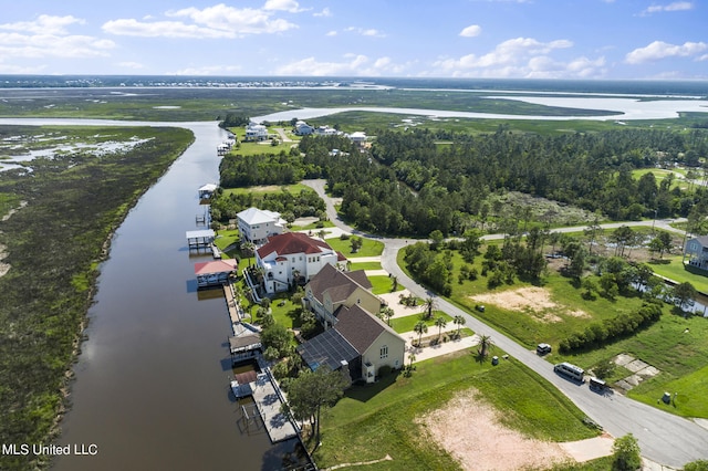 aerial view featuring a water view