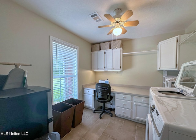 home office with built in desk, ceiling fan, and washer and clothes dryer