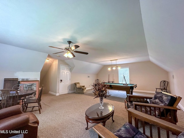 game room with pool table, carpet flooring, ceiling fan, and vaulted ceiling