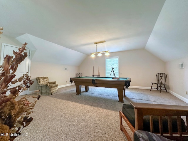 rec room with vaulted ceiling, carpet flooring, and billiards