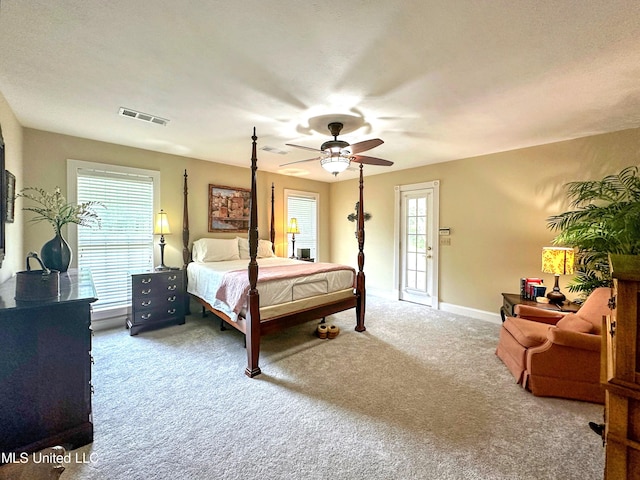 bedroom with carpet flooring, access to outside, a textured ceiling, and ceiling fan