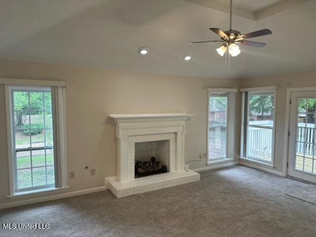 202 Kilford Ct, Madison, MS 39110 - unfurnished living room featuring carpet floors, a ceiling fan, baseboards, a fireplace, and recessed lighting