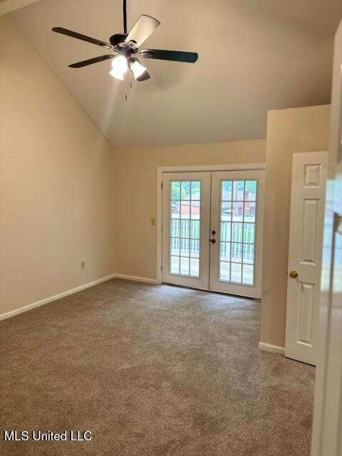 202 Kilford Ct, Madison, MS 39110 - unfurnished room with lofted ceiling, french doors, carpet, ceiling fan, and baseboards