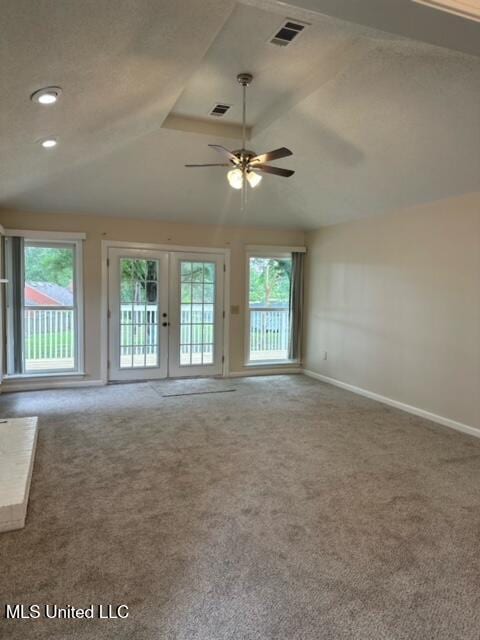 202 Kilford Ct, Madison, MS 39110 - unfurnished living room with carpet, vaulted ceiling, ceiling fan, french doors, and baseboards